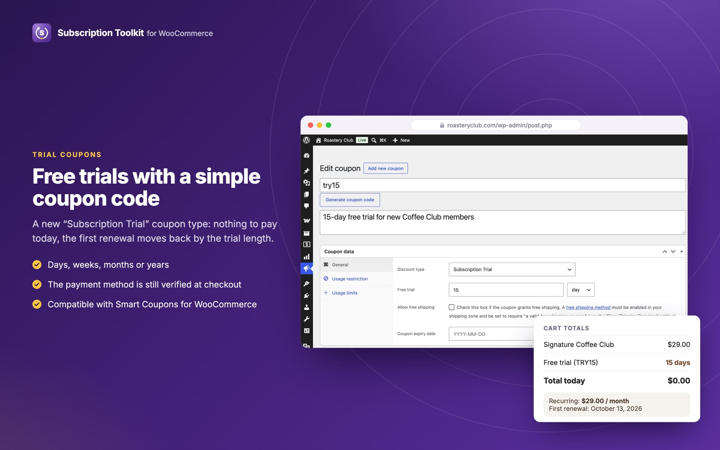 The Subscription Trial coupon type in the WooCommerce coupon editor.