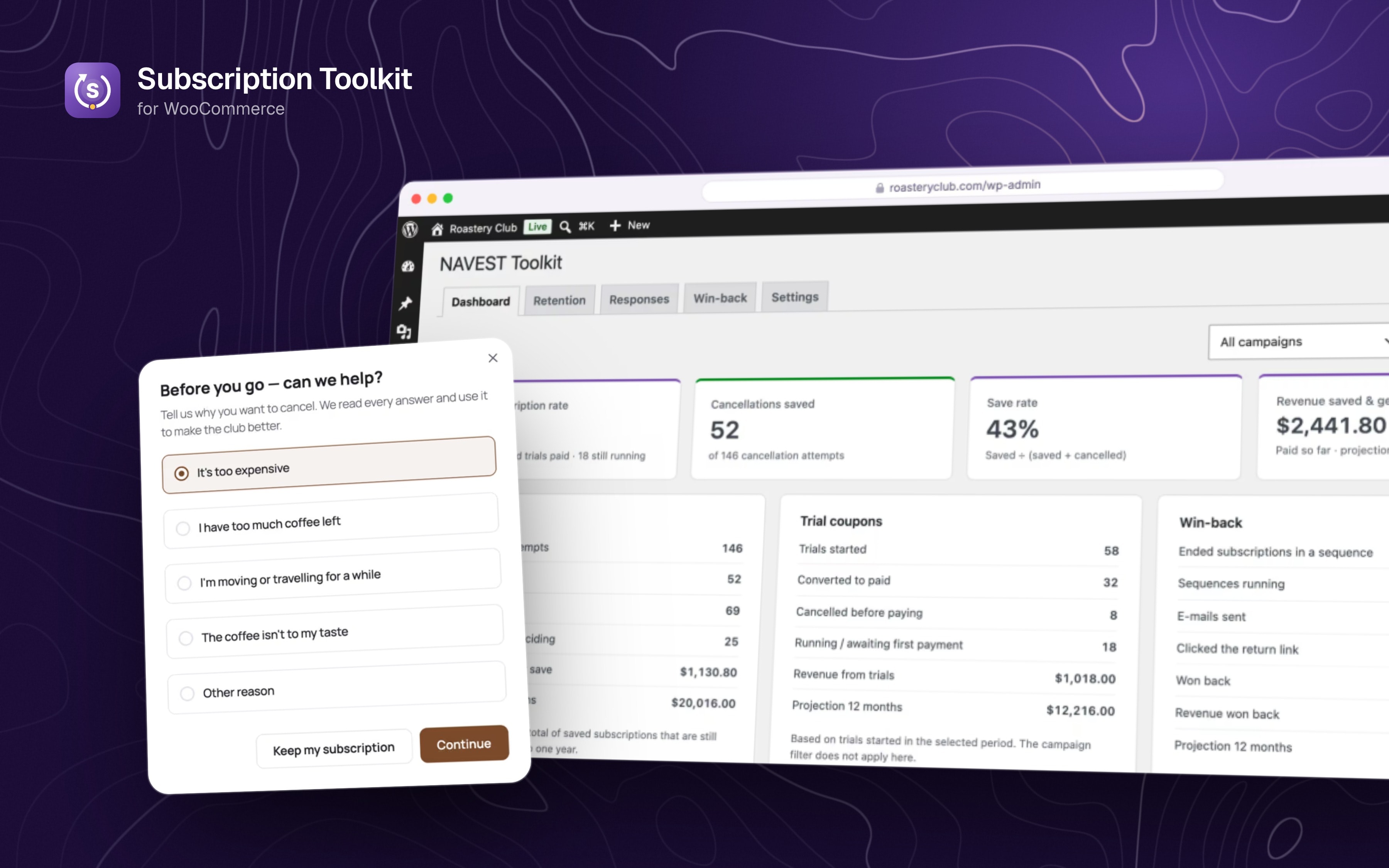 The Subscription Toolkit dashboard and its cancellation survey on a purple contour map.